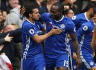LONDON, ENGLAND - OCTOBER 23:  Pedro of Chelsea celebrates scoring his sides first goal with Victor Moses of Chelsea during the Premier League match between Chelsea and Manchester United at Stamford Bridge on October 23, 2016 in London, England.  (Photo by Shaun Botterill/Getty Images)